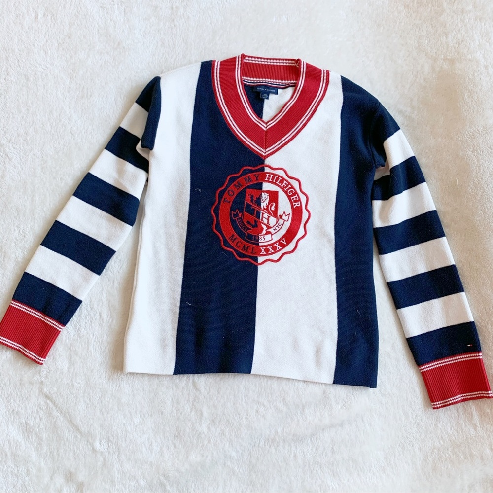 Tommy Hilfiger Red Navy White V-Neck Striped Crest Sweater